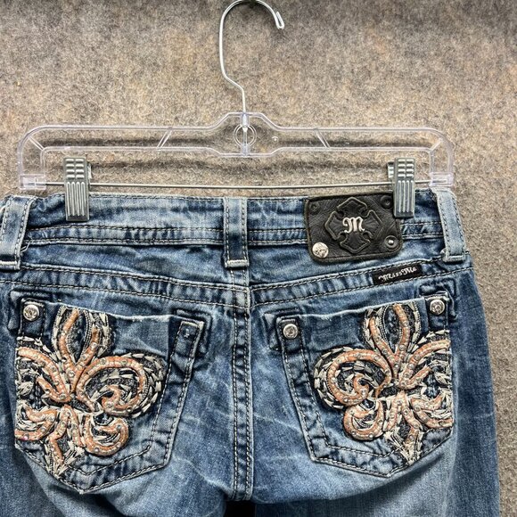 Miss Me Jeans Womens 28 Bootcut Blue Denim Fleur De Lis Embroidered Pockets - Picture 8 of 12